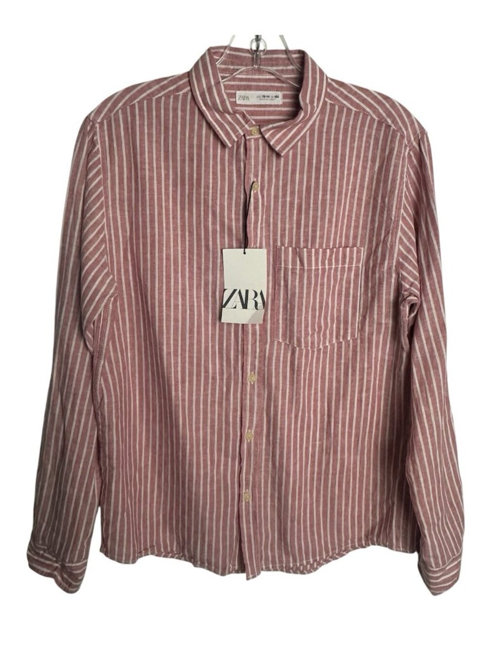 NWT Zara Boys Button Up Shirt 13-14Y 164cm Red White Striped Cotton Linen